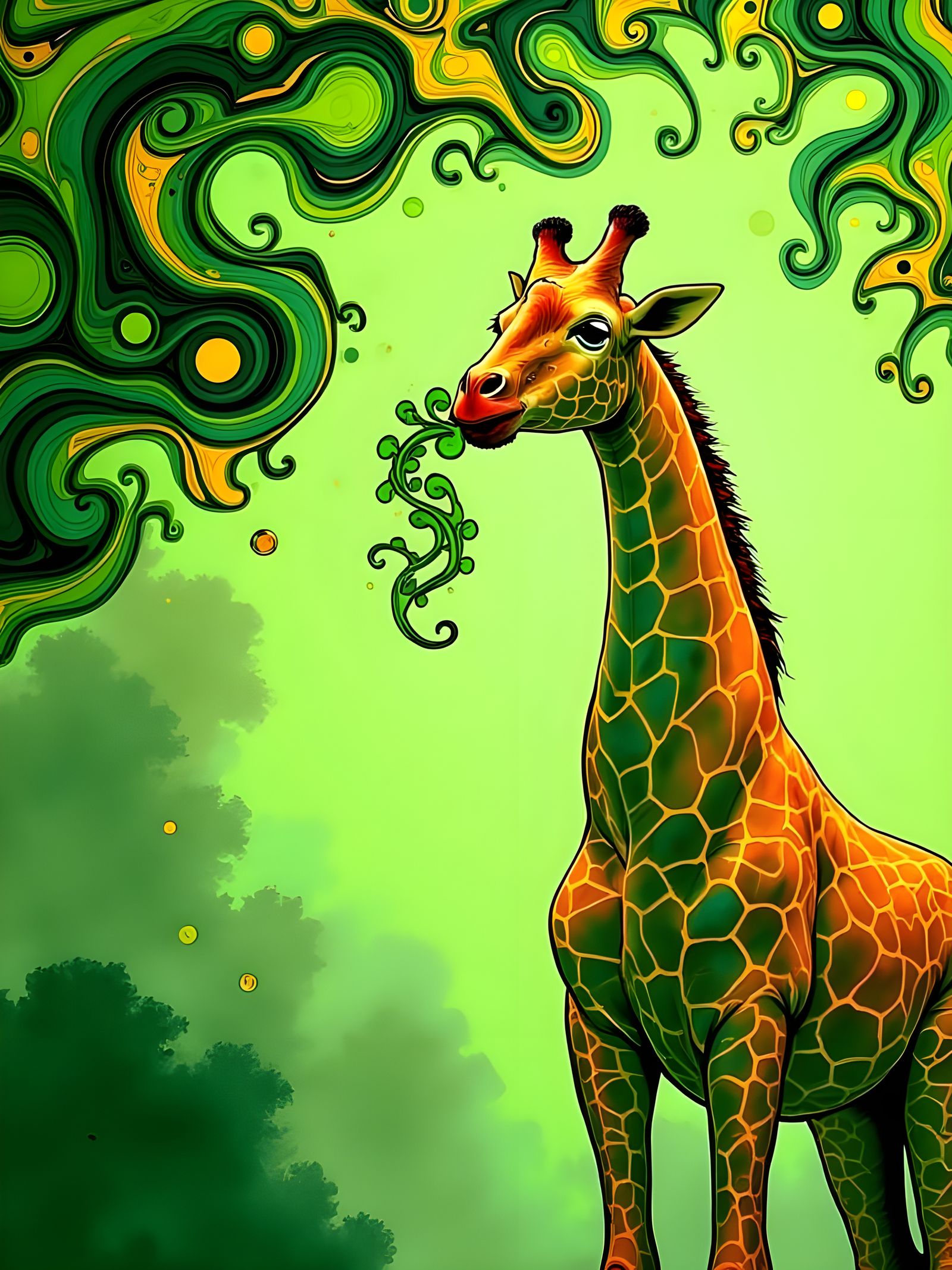 Giraffe Reaching for Tree Leaves in Psychedelic Style