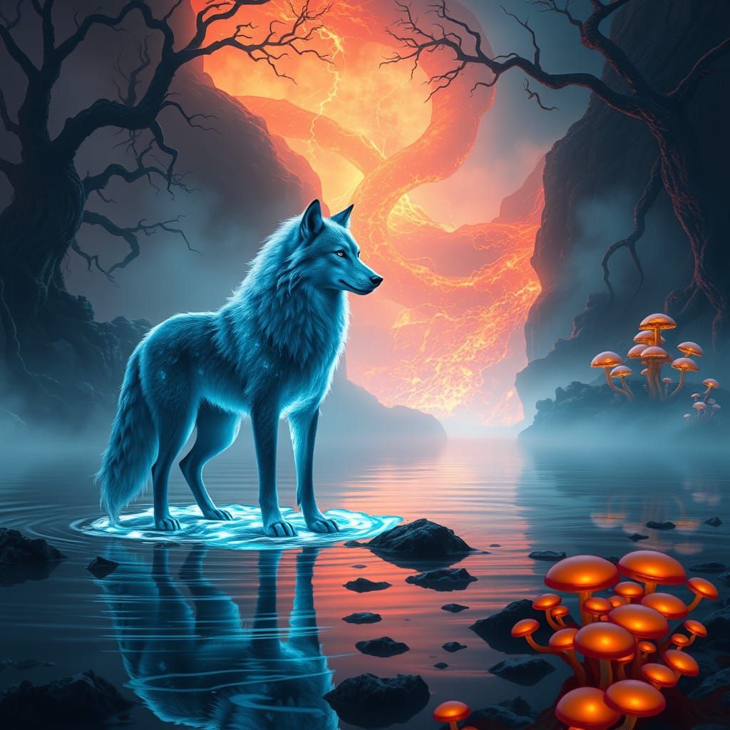 Mystical Aura Wolf Confronts Lava in Dreamlike Landscape