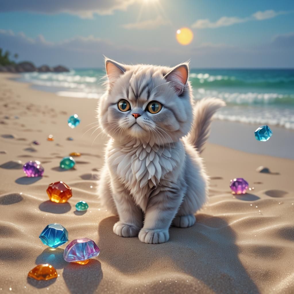 Lucid Jelly Persian Cat on Beach: 3D Digital Art