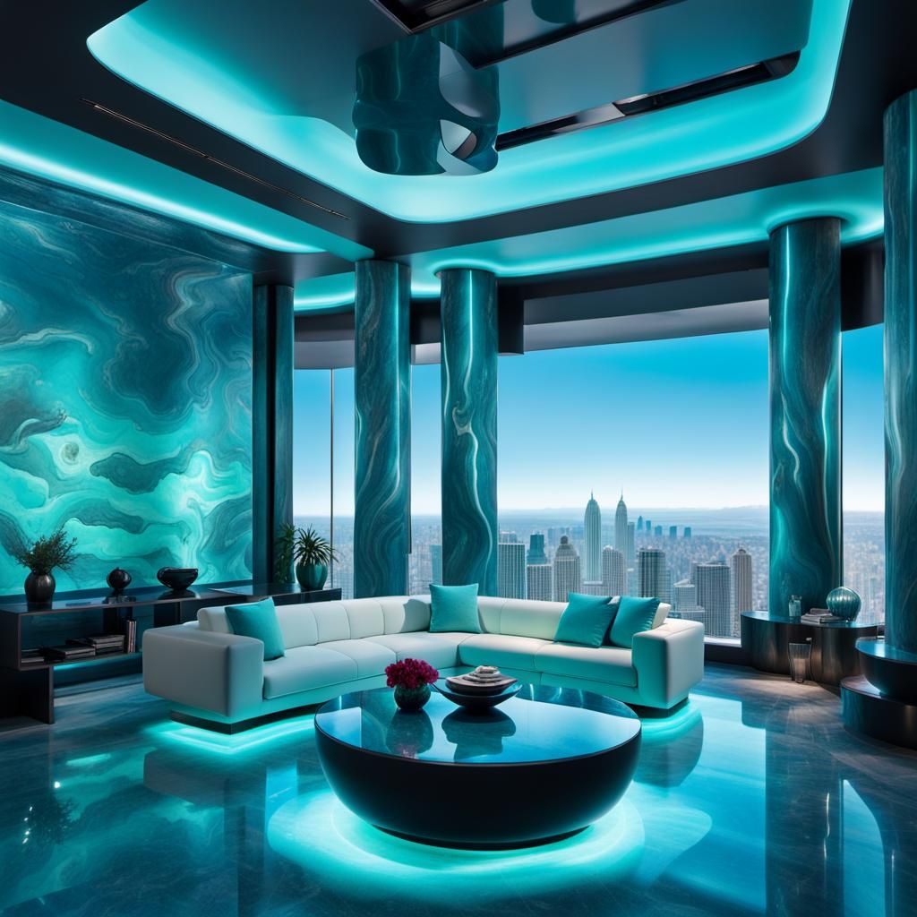 Futuristic Living Room with Marble Walls and Aquarium