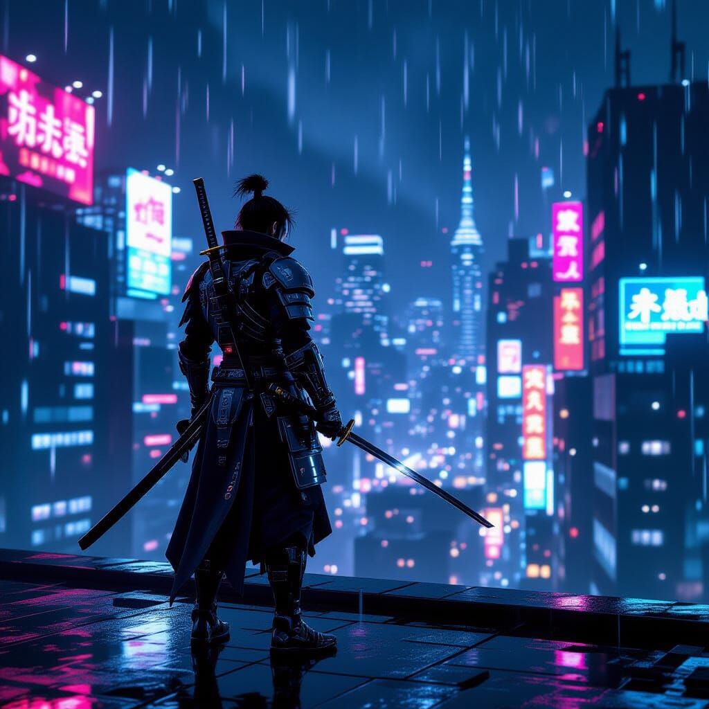 Cyberpunk Samurai Warrior Overlooking Neon City at Night