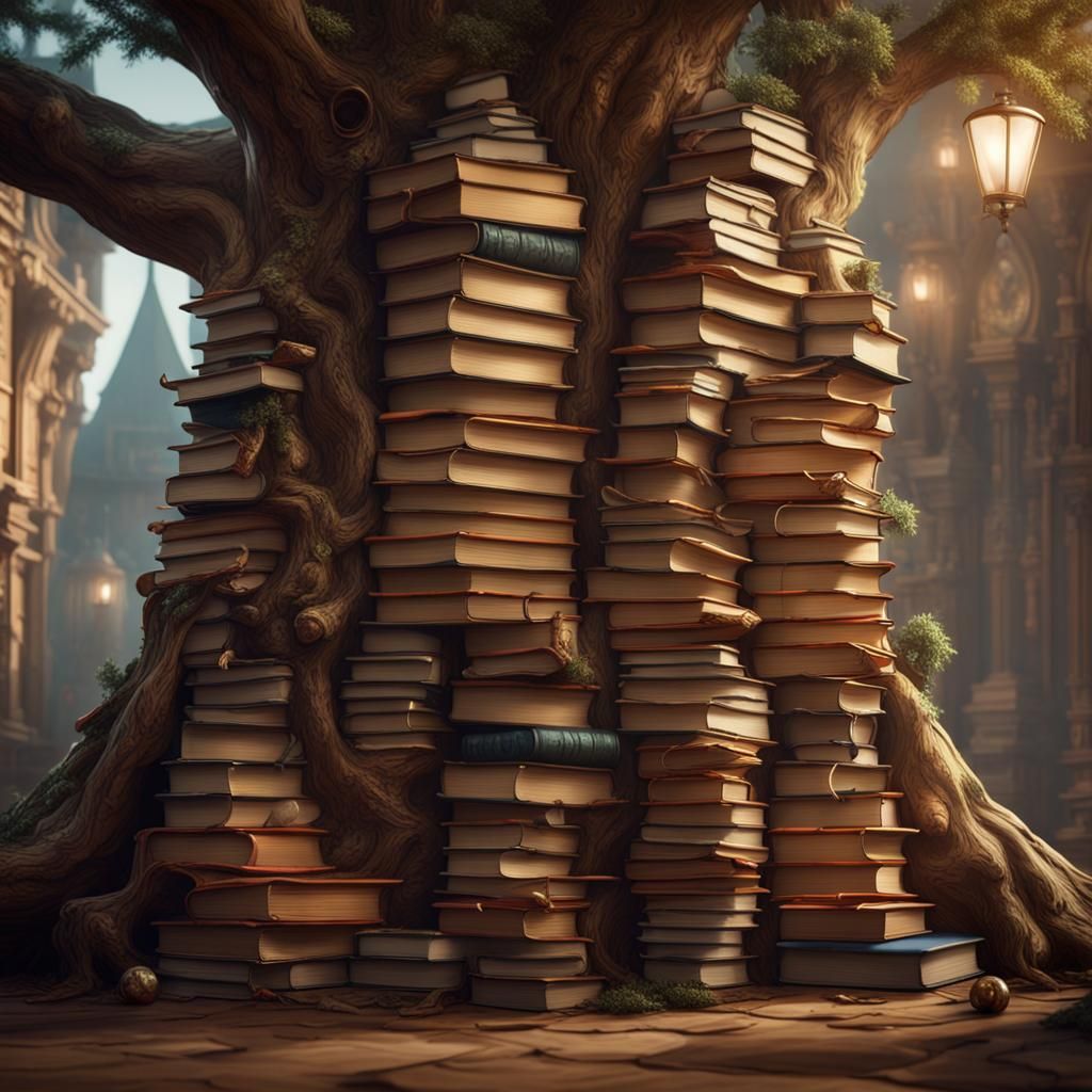 a tree made entirely of stacked books, with literary characters and scenes coming to life as ornaments