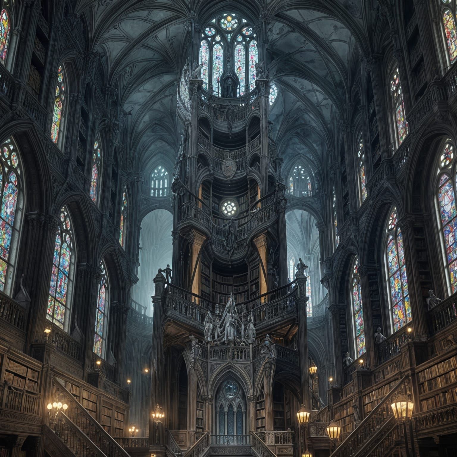 Surreal Gothic Library Towering to Epic Heights