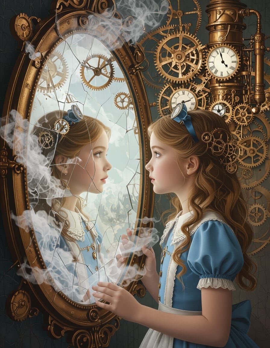 Steampunk Alice Gazes Into Fragmented Mirror