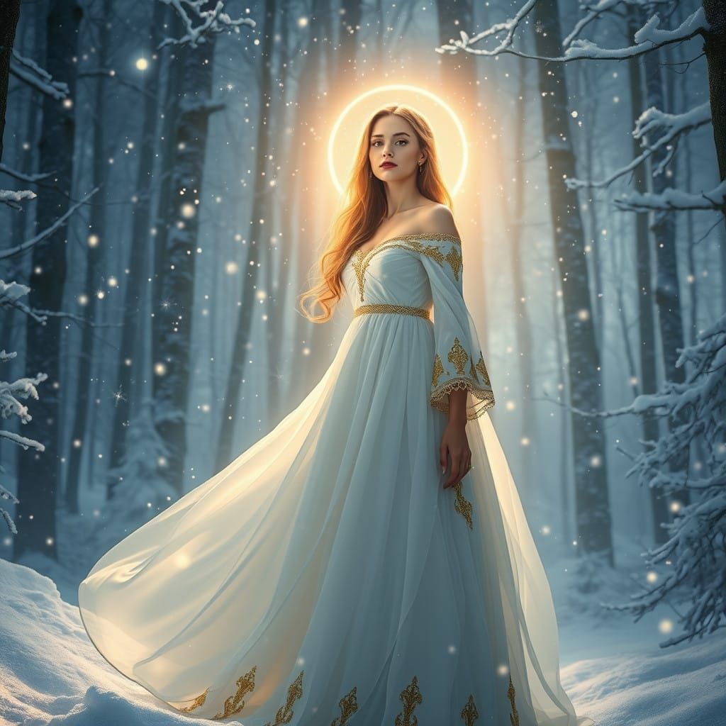 Ethereal Snow Goddess in Mystical Forest