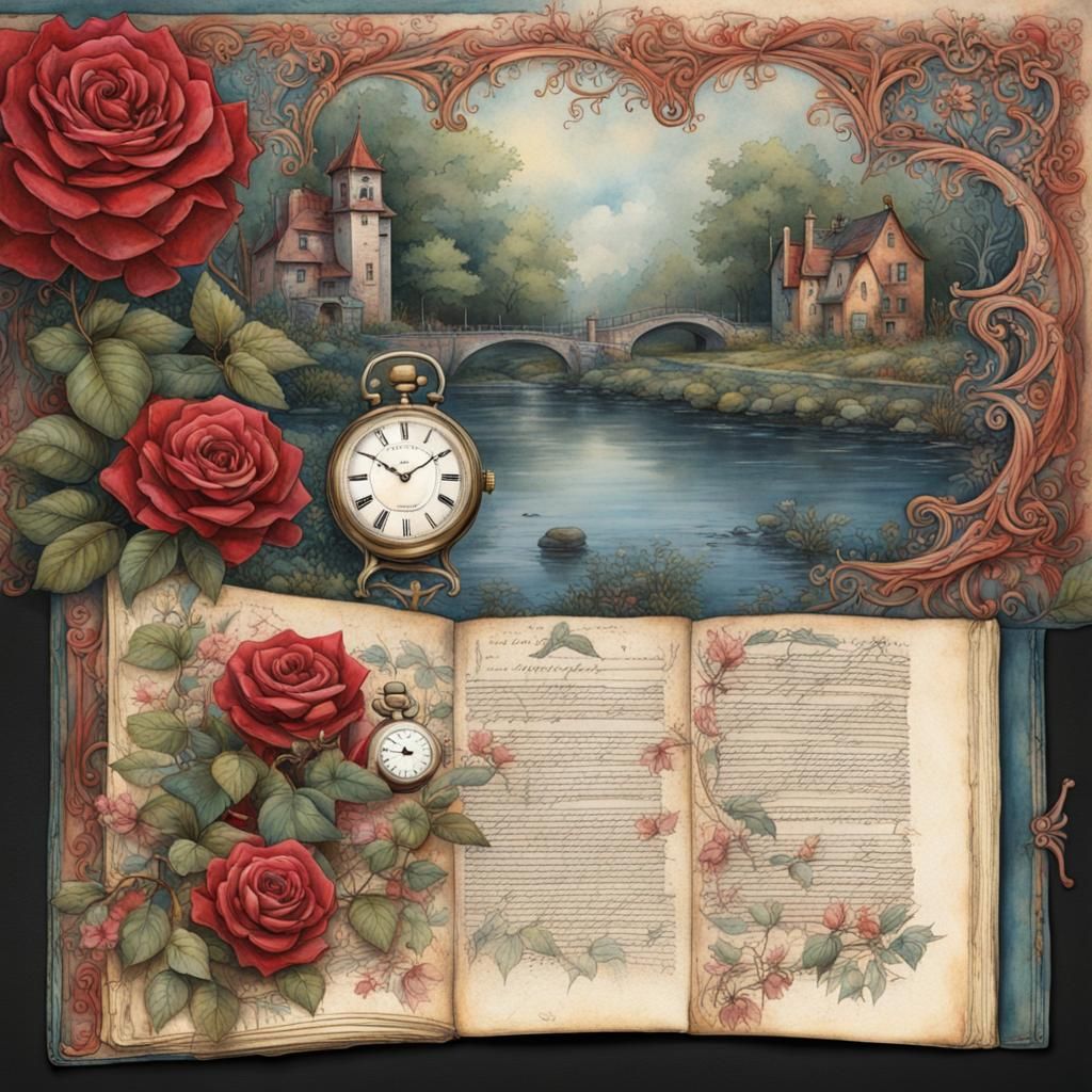 Floral Journal Page with Pocket Watch, Watercolor Style