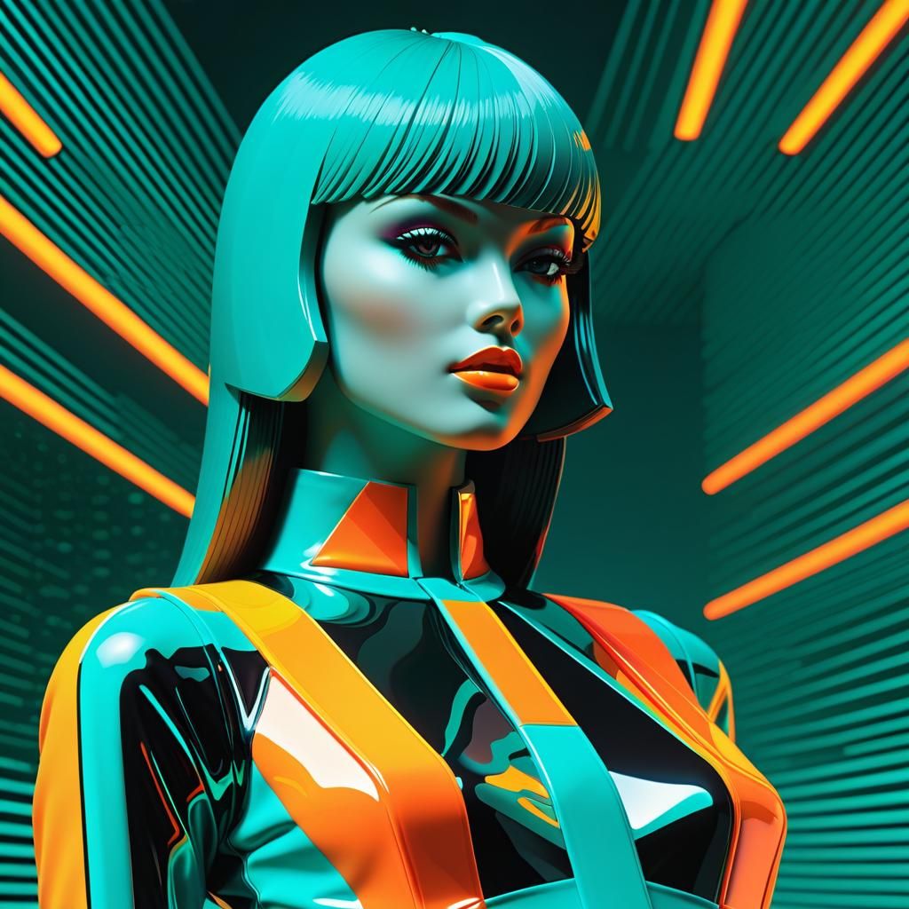 A close up photo of a Voxel teal and orange disco dancer 1970s, retroism, neon futuristic splash art 2024 magazine cover