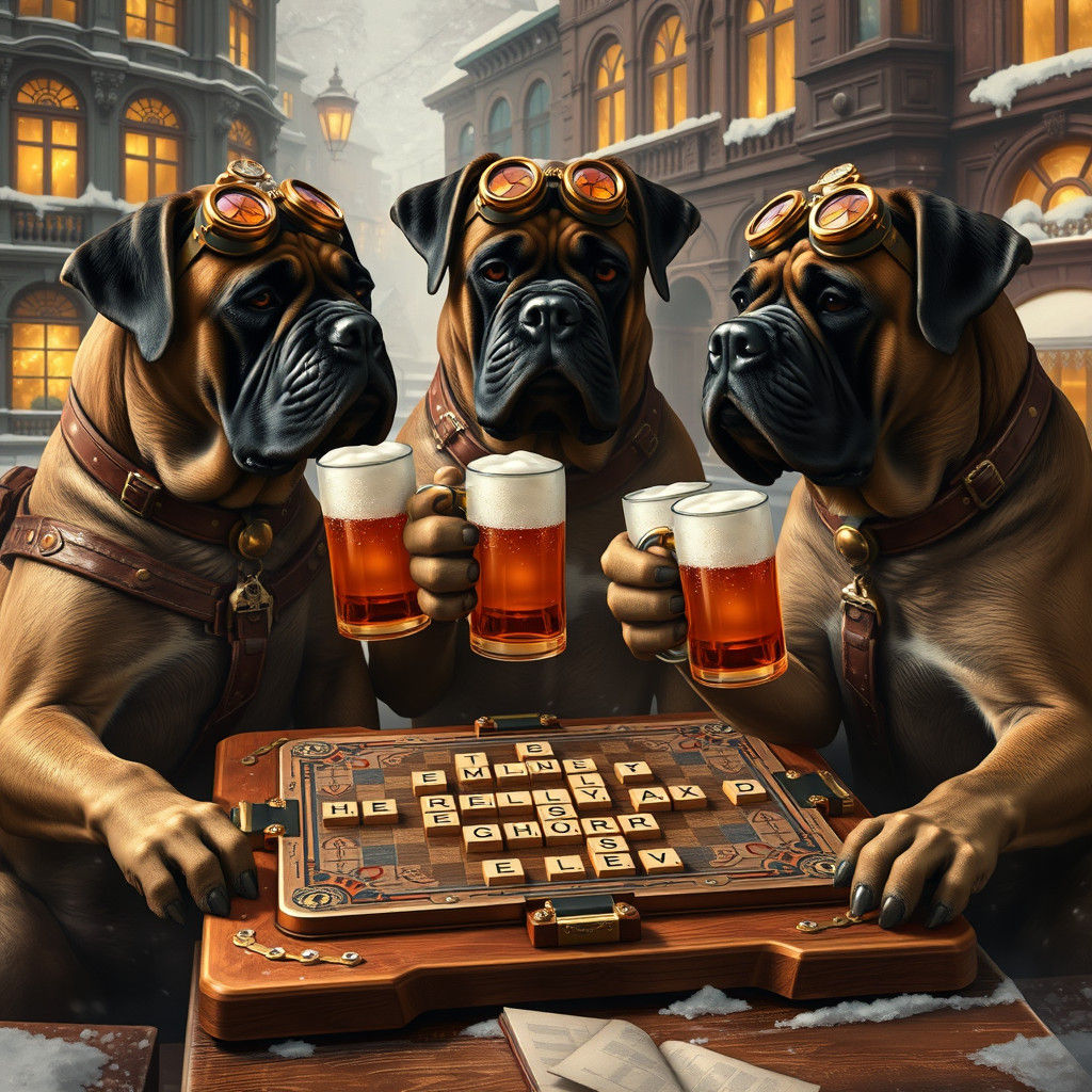 Steampunk Mastiffs Play Scrabble in Festive Scene