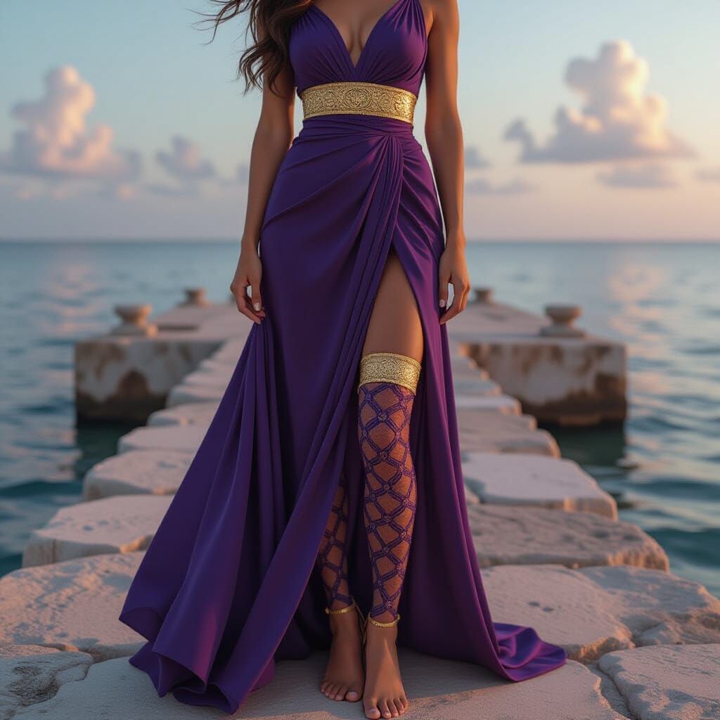 Elegant Woman in Phoenician Dress on Ancient Pier