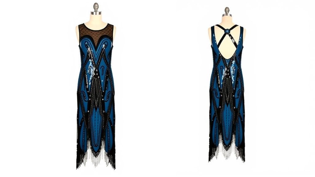 Vintage Inspired 1920s Sequins Dress in Blue and Black