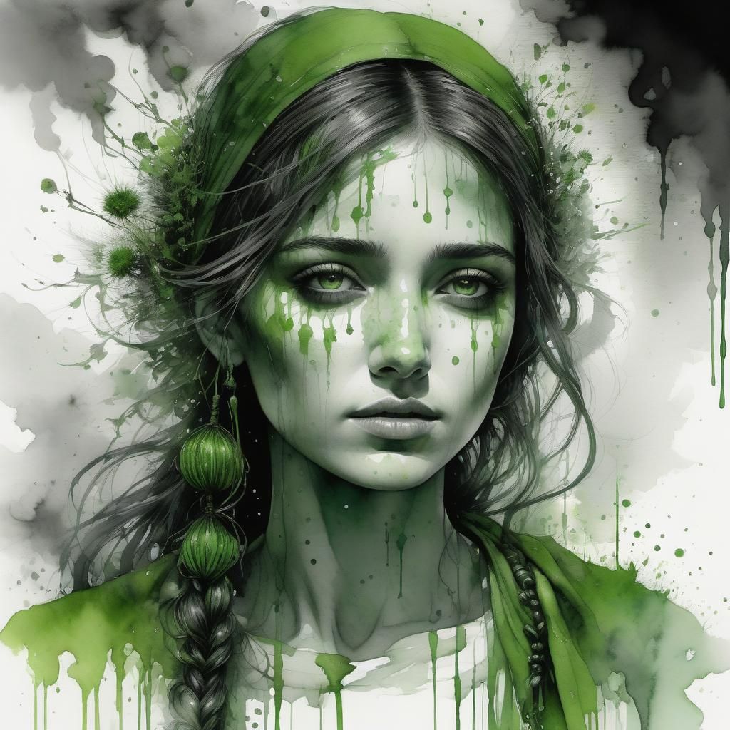 Green Disease Afflicts Young Girl: Watercolor Art