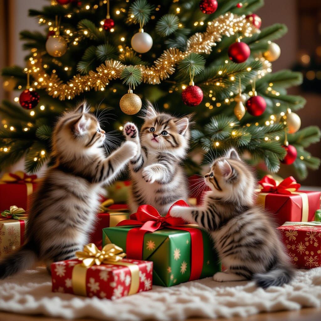 Fluffy Kittens Play Under Christmas Tree with Gifts