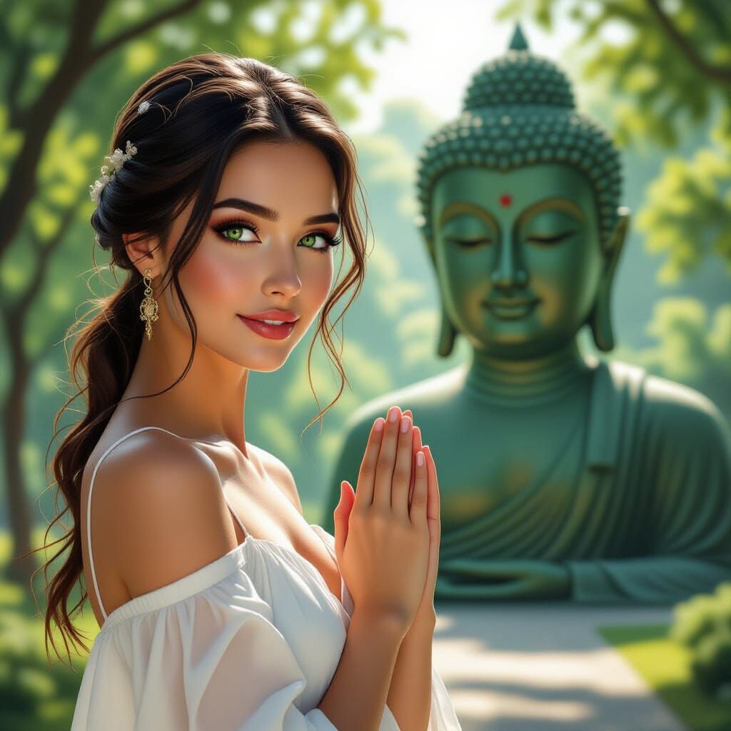 Woman Gazing at Buddha Statue: Hyperrealistic Art