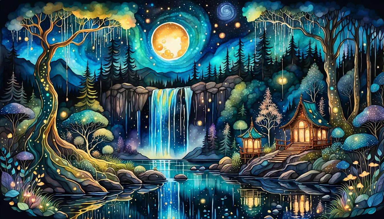Enchanted Forest Waterfall: Holographic Cosmic Illustration