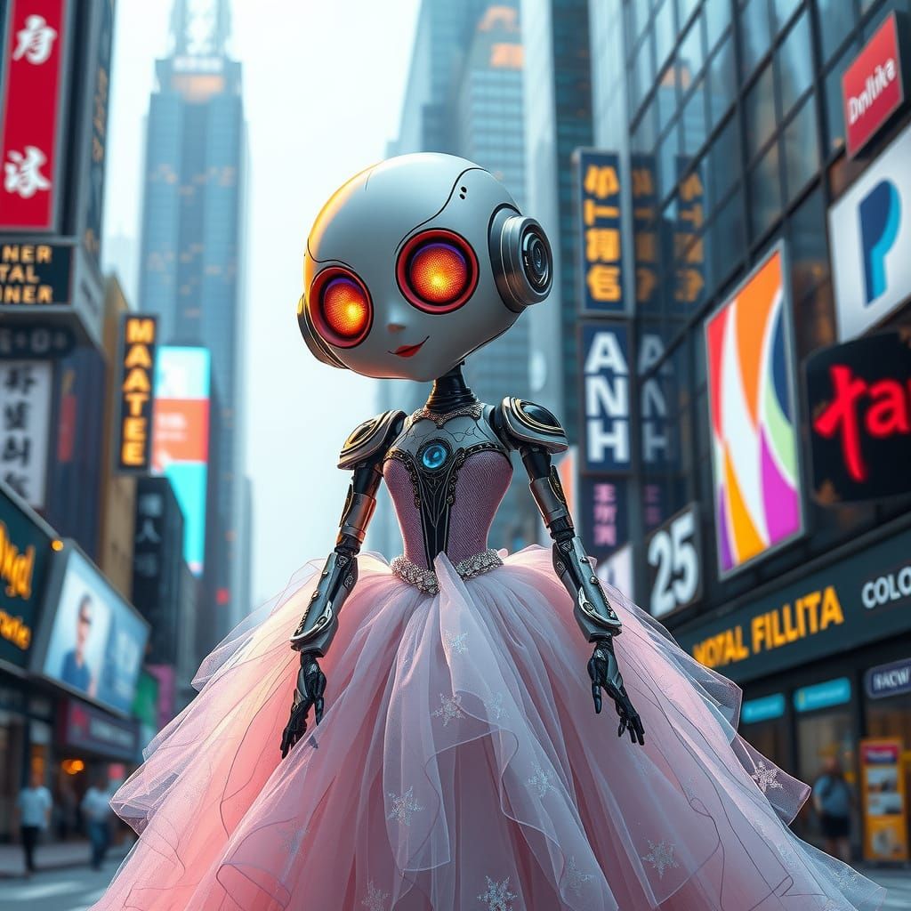 Whimsical Robot in Elegant Ball Gown Amidst Futuristic Citys...