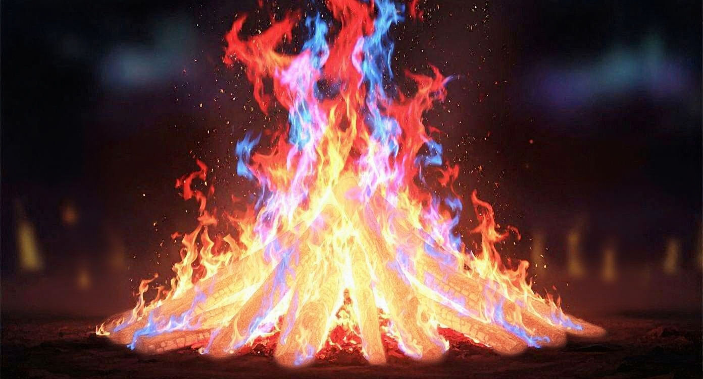 Vibrant Campfire with Ethereal Dancer Forms
