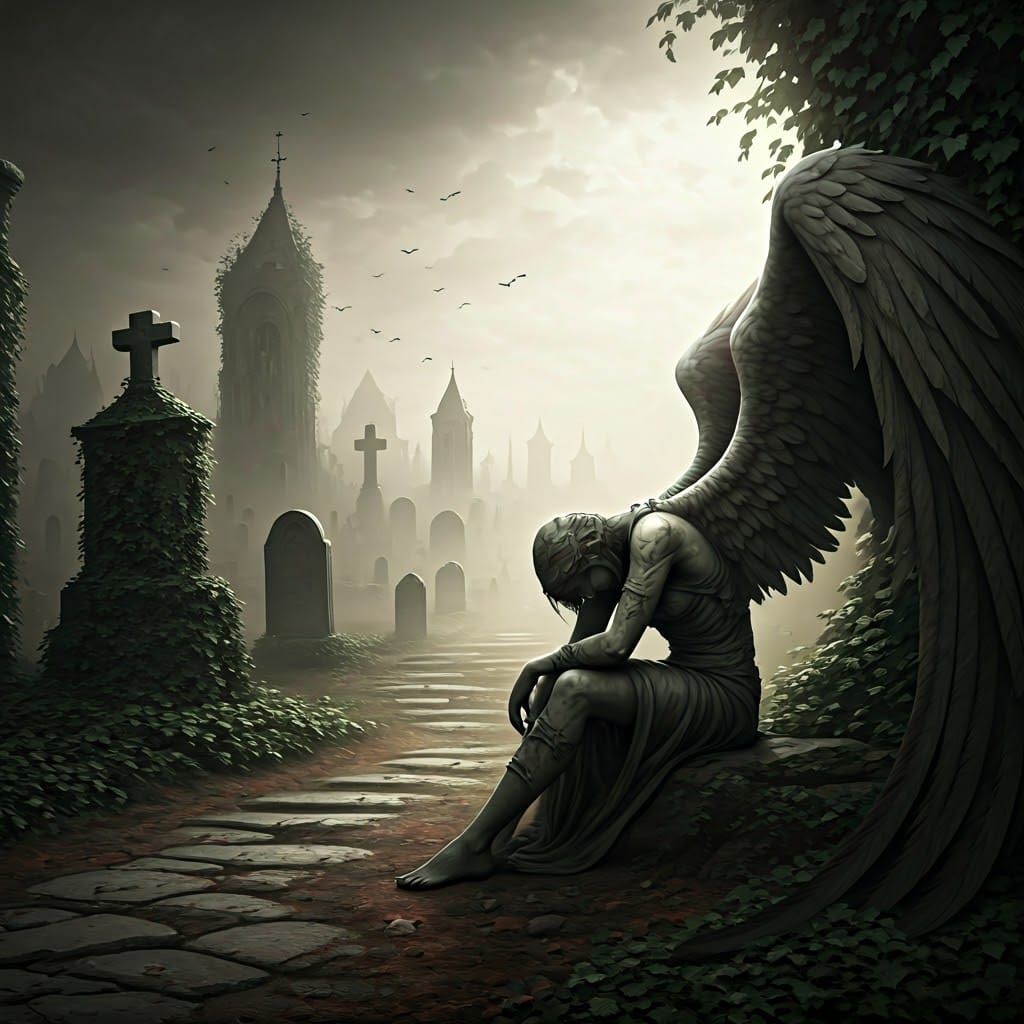 Fallen Angel in Graveyard: Dark Surrealist Image