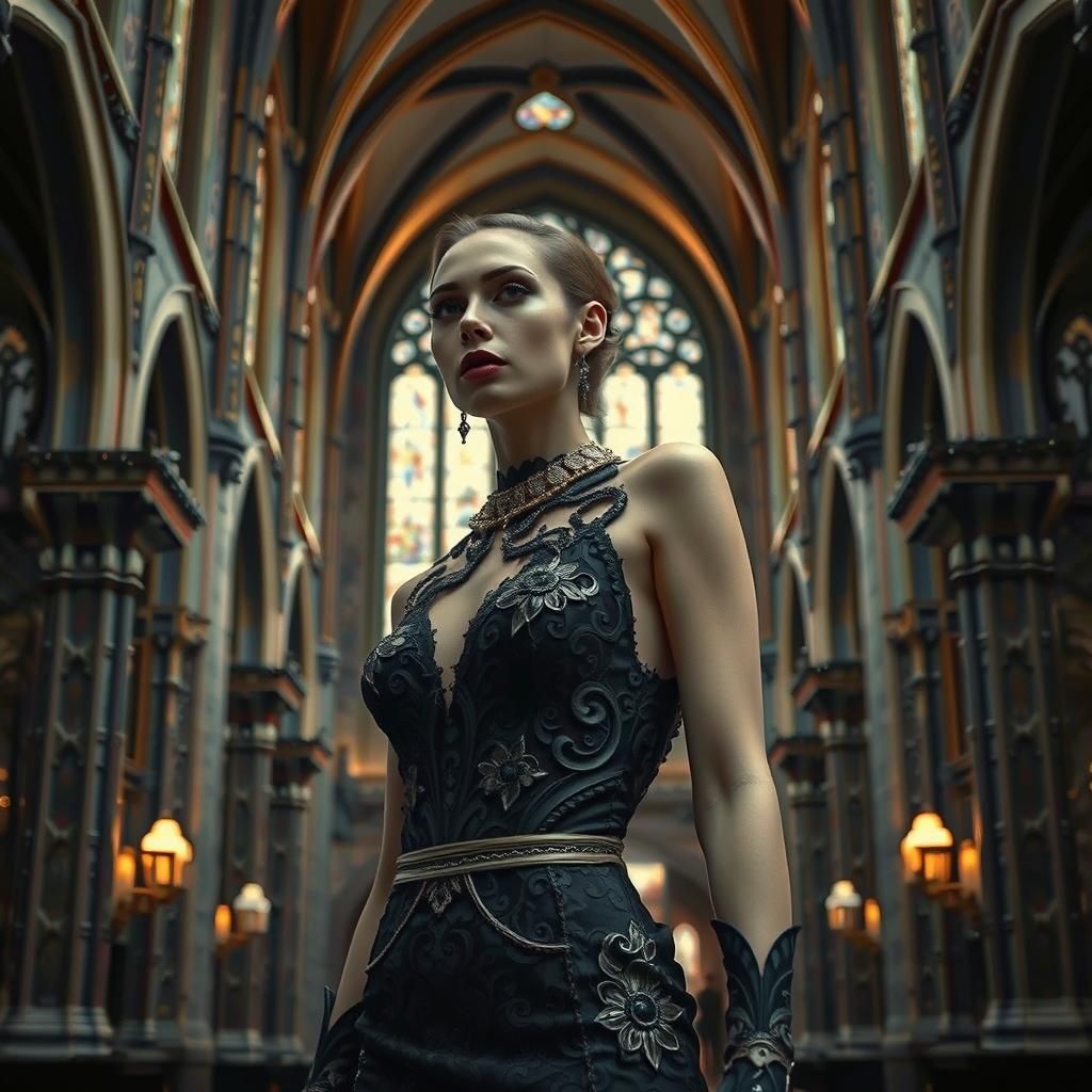 Art Deco Model in Neo-Gothic Cathedral, Hyperrealistic Photo