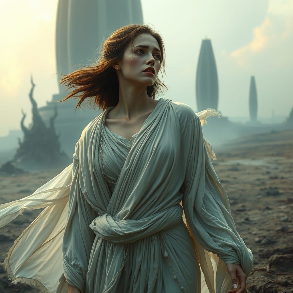 Crying Woman in Dystopian Landscape: Hyperrealistic Art