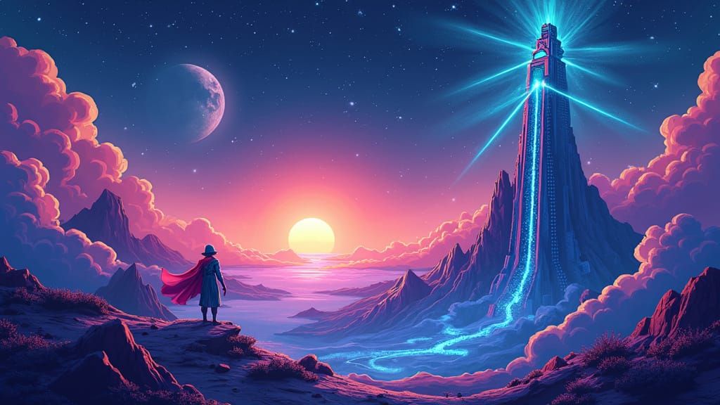 Galactic Sky Tower: Superhero and Wizard in Neon Universe