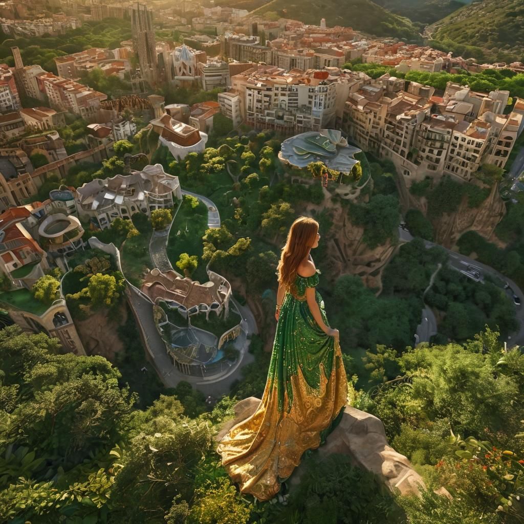 Barcelona Cityscape with Gaudi Architecture and Emerald Crea...