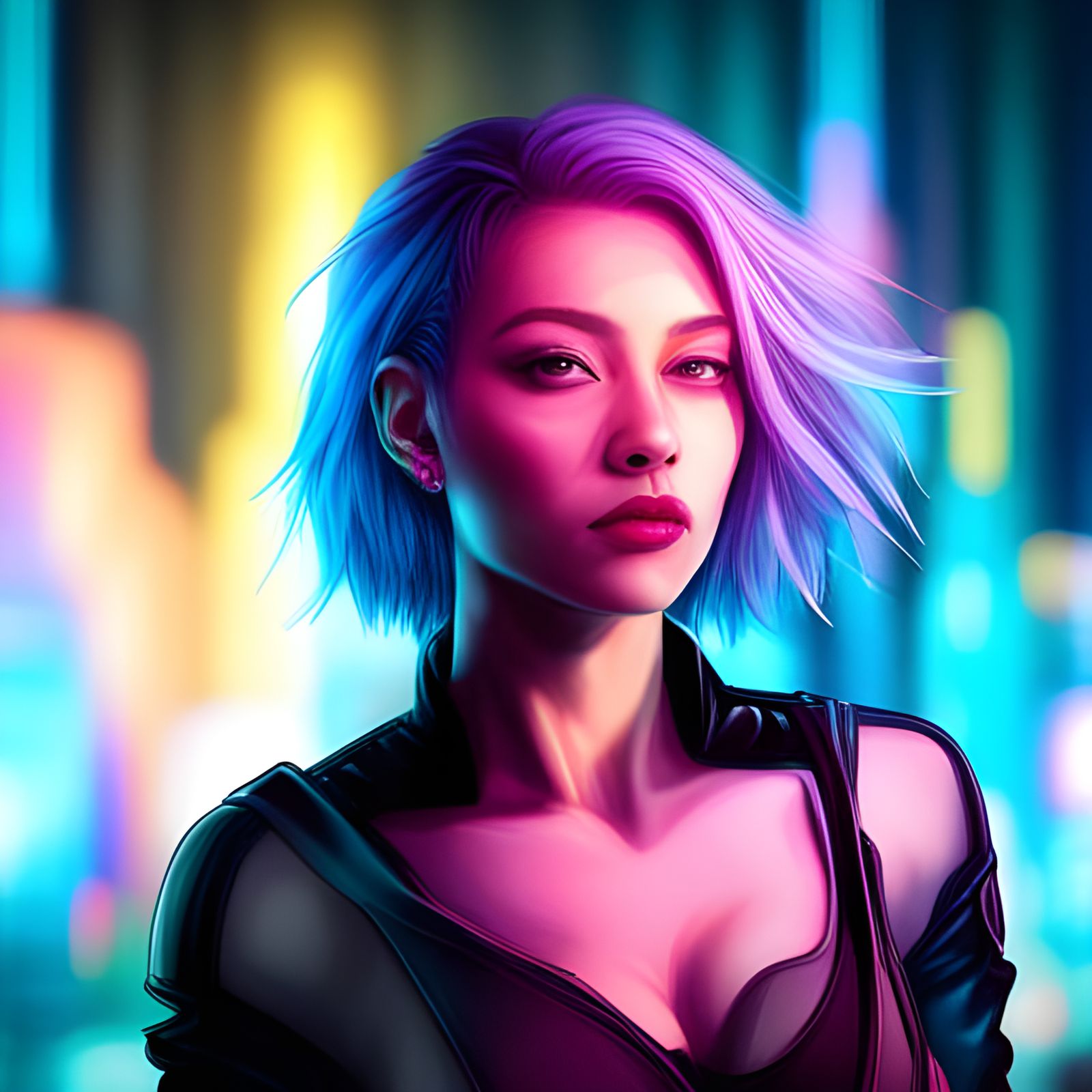 Cyberpunk Lady in Neon Cityscape