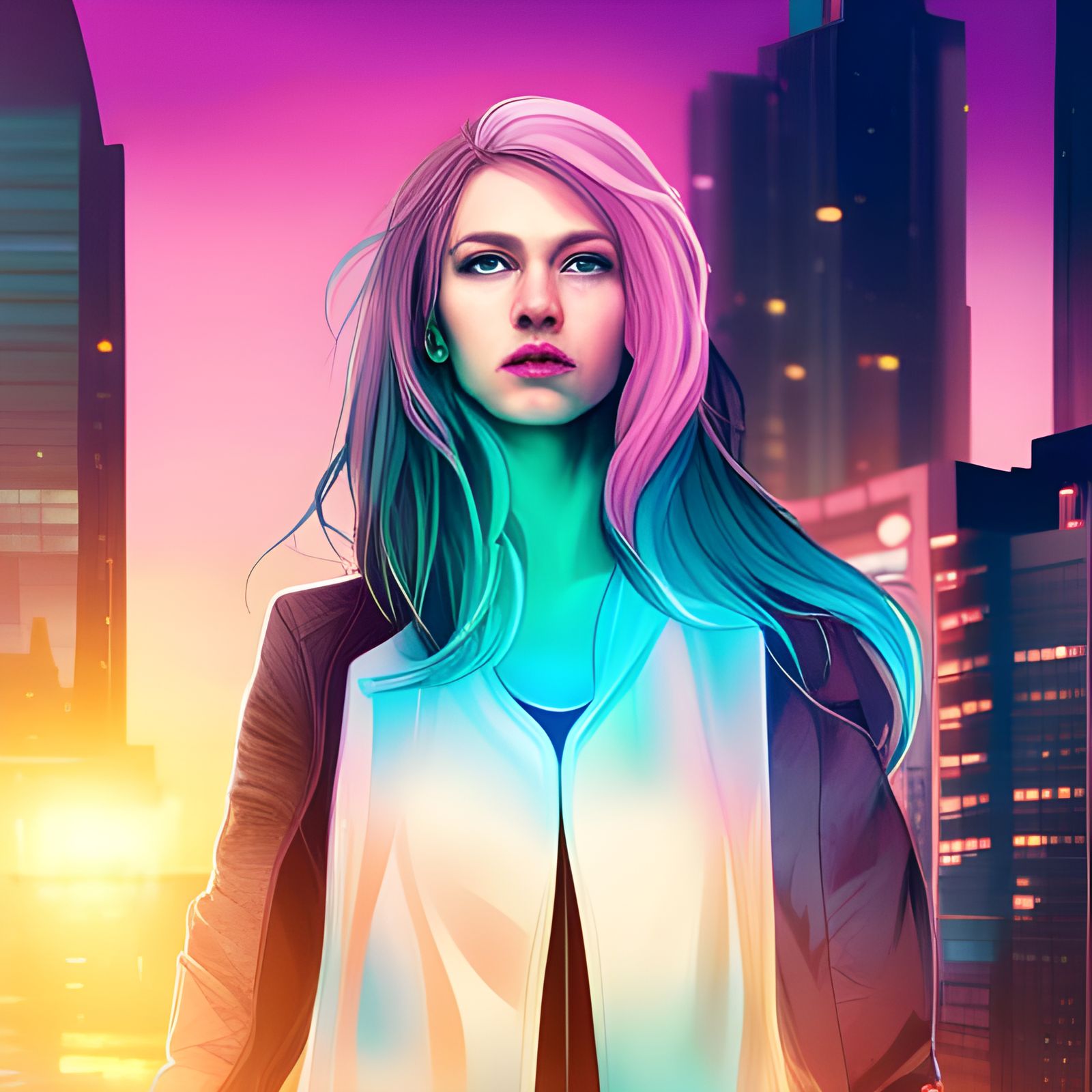 Cyberpunk Woman in Neon Cityscape