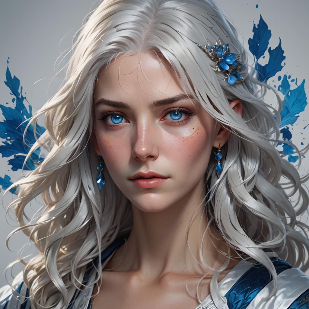 Intricate Portrait with White Hair and Blue Eyes