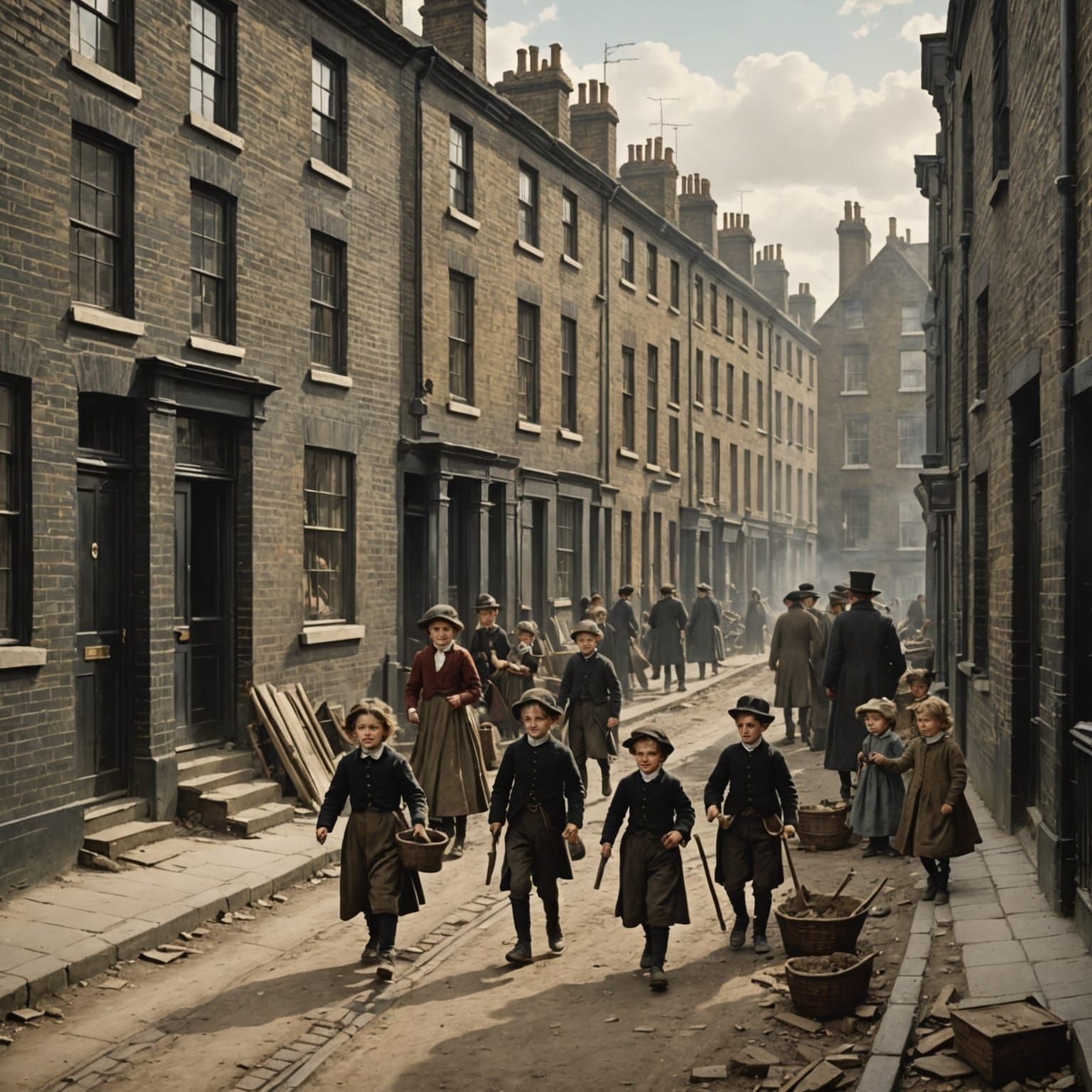 Victorian London Street Scene with Working Class Children at...