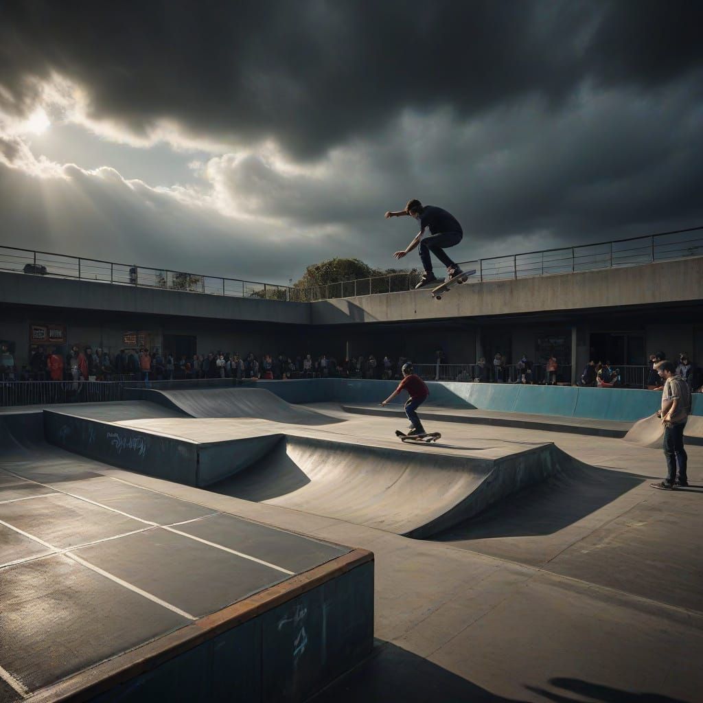 Thrilling Skate Park Action in Vibrant, Sun-Drenched Landsca...