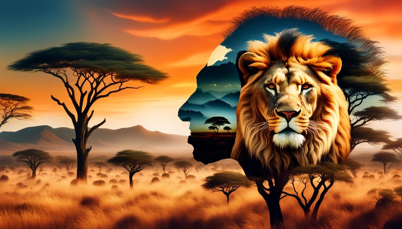 Surreal Lion Savannah Portrait in Magritte Style