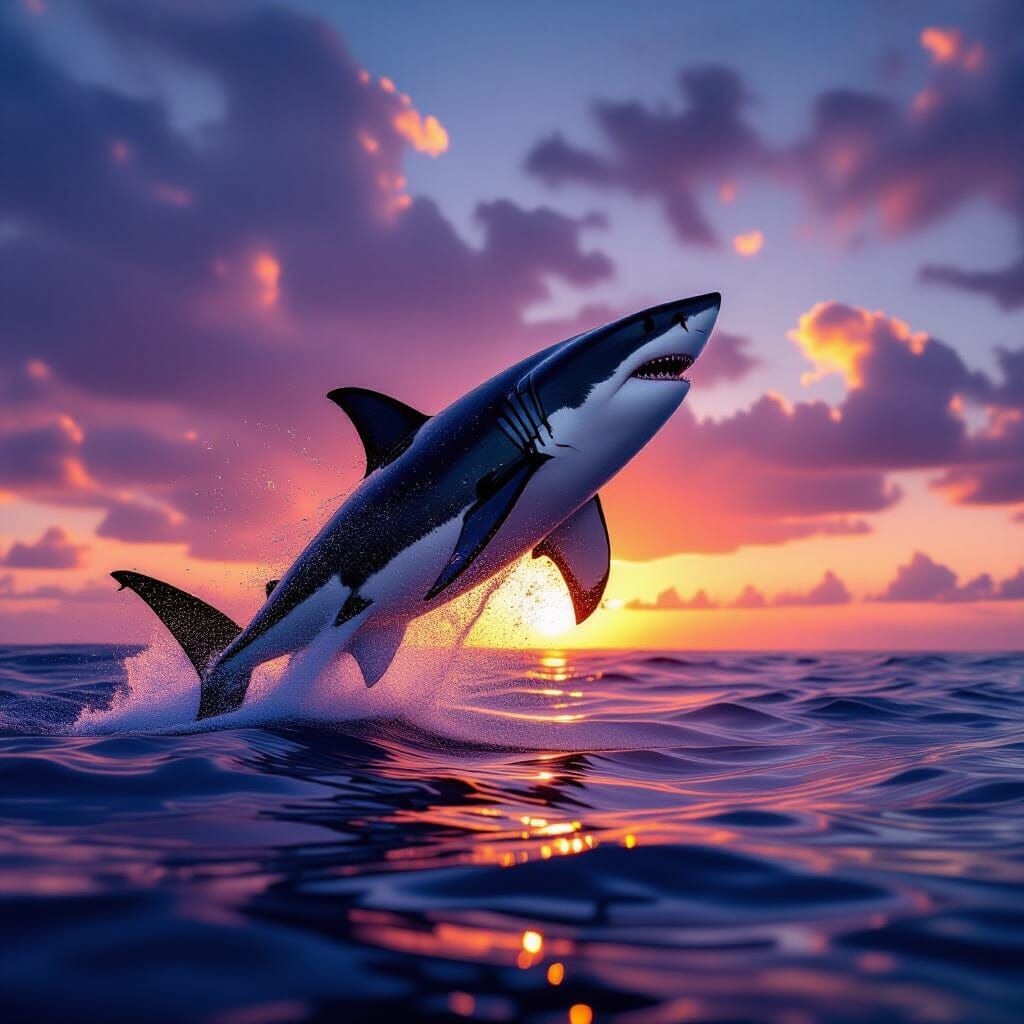 Great White Shark Breaching at Dramatic Sunset