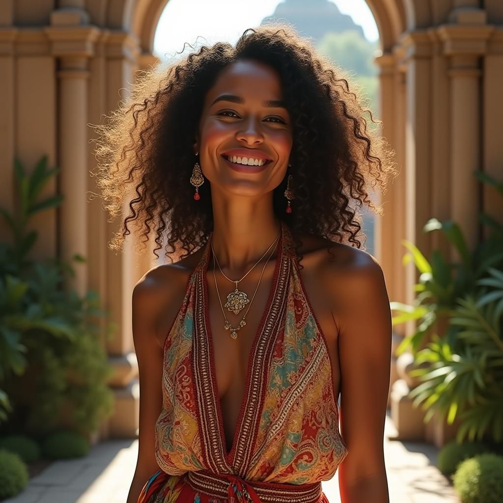 Brazilian Model in Bohemian Top at Palace Entrance