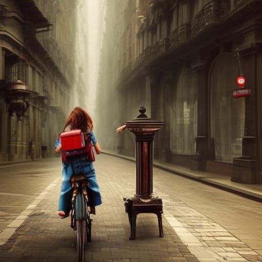 Girl Postman on Bicycle with Swirling Stamps