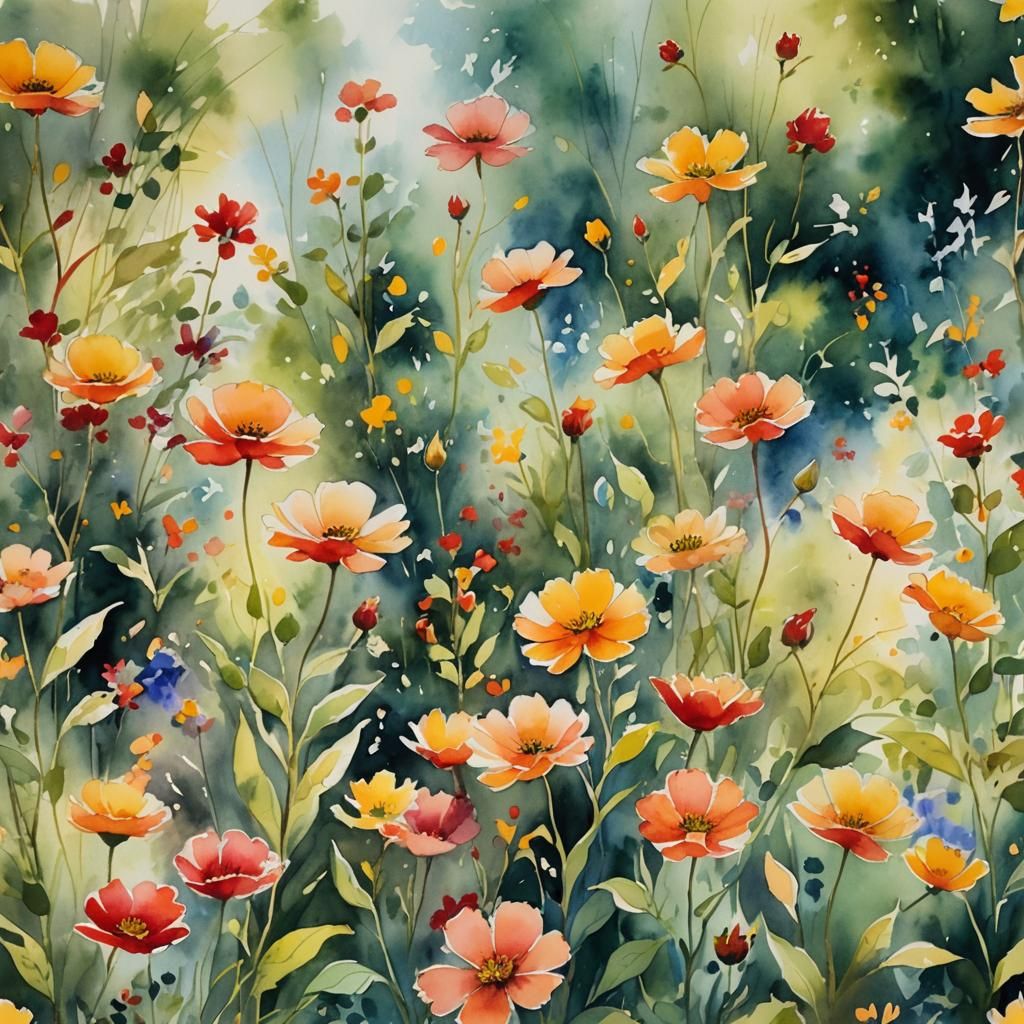 Vibrant Ink Wash Flower Garden