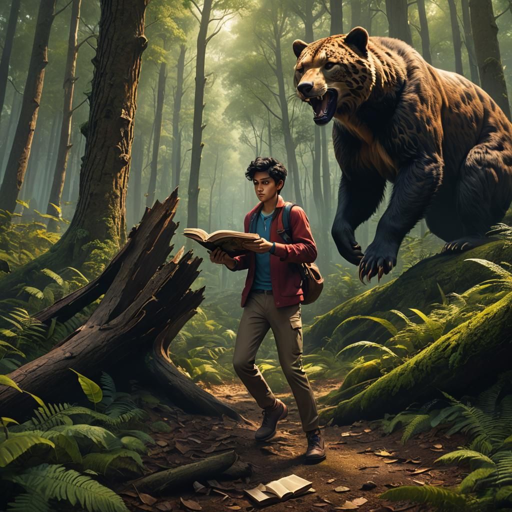 Boy Runs From Wild Animal with Book