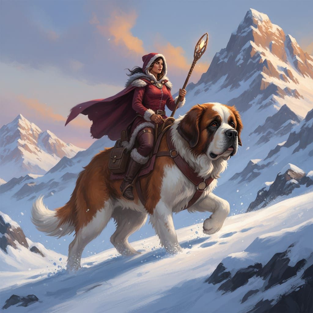 Woman Rides Saint Bernard Up Snowy Mountain in Digital Paint...