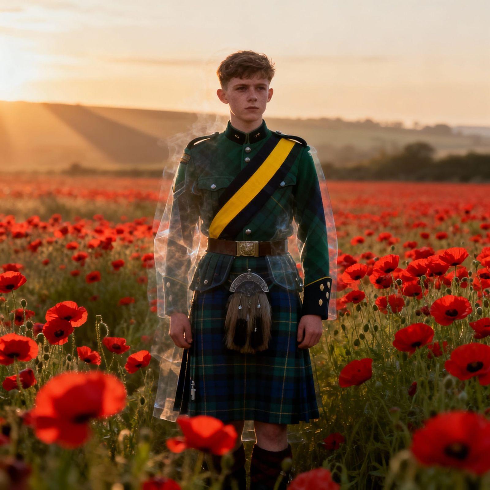Spectral Soldier in Poppy Field at Sunset