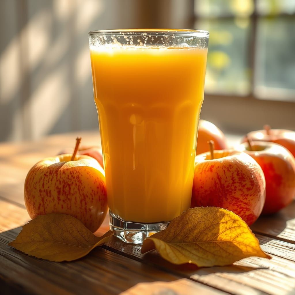 Photorealistic Apple Juice Close-Up with Ripe Apples