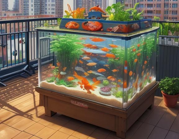 Vibrant Aquaponics Balcony Garden in Gouache Style