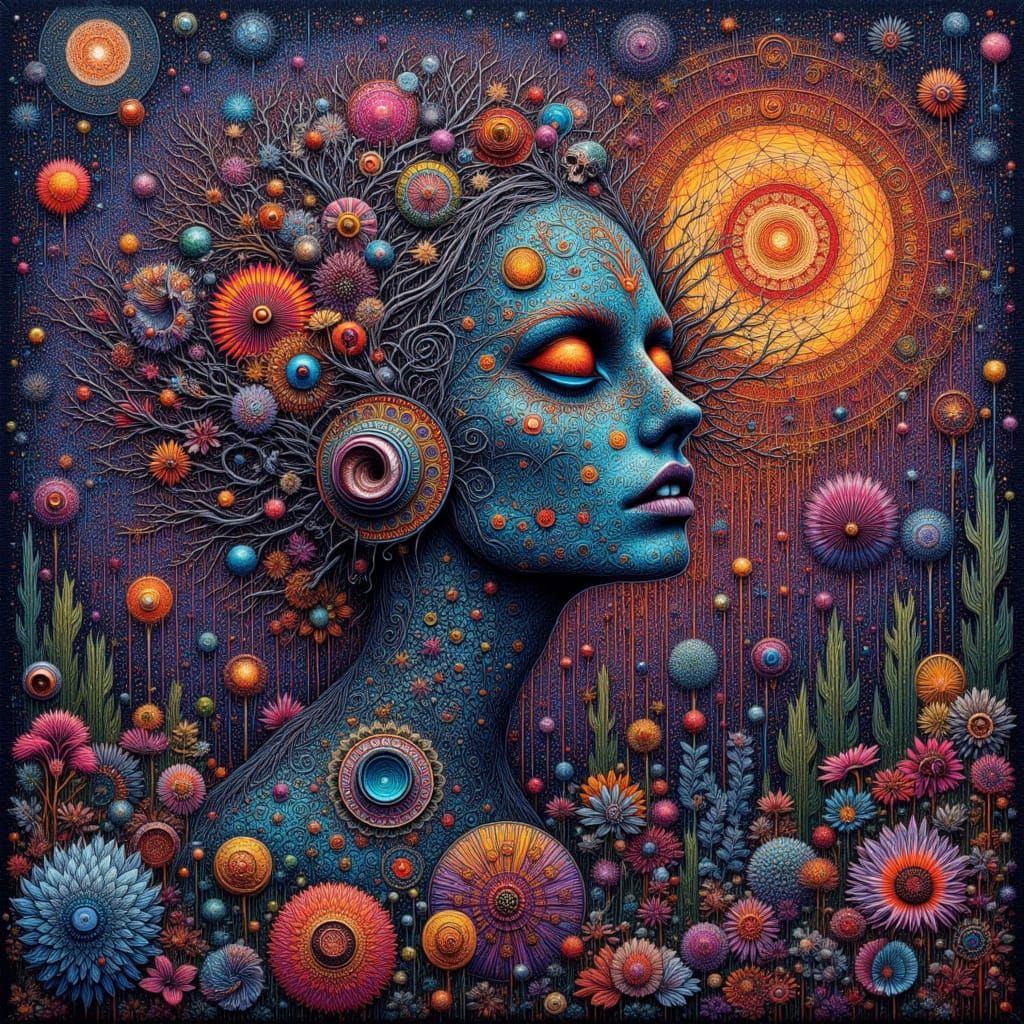 Vibrant Psychedelic Textile Art with Sacred Geometry