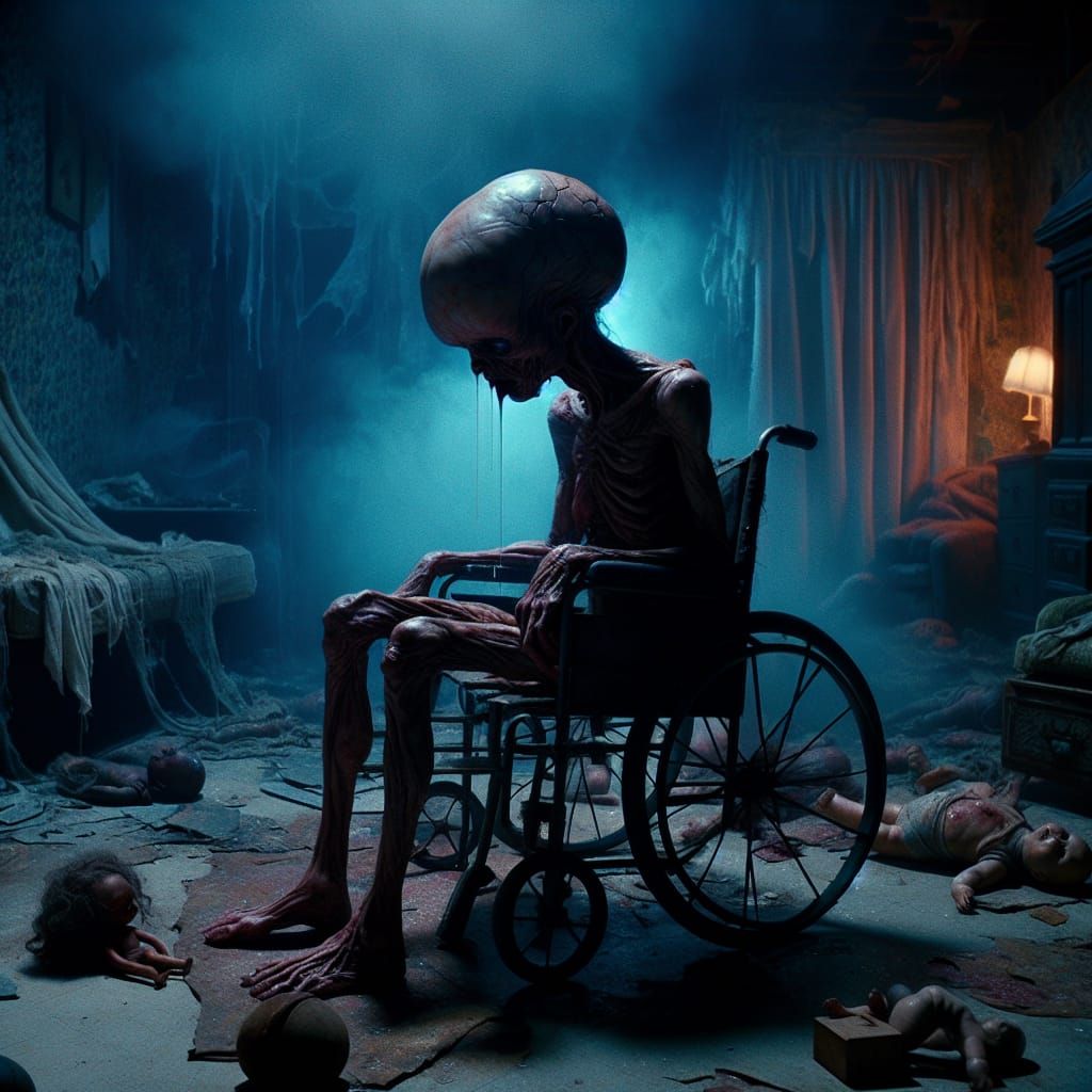 Horrifying Deformed Figure in Dilapidated Room