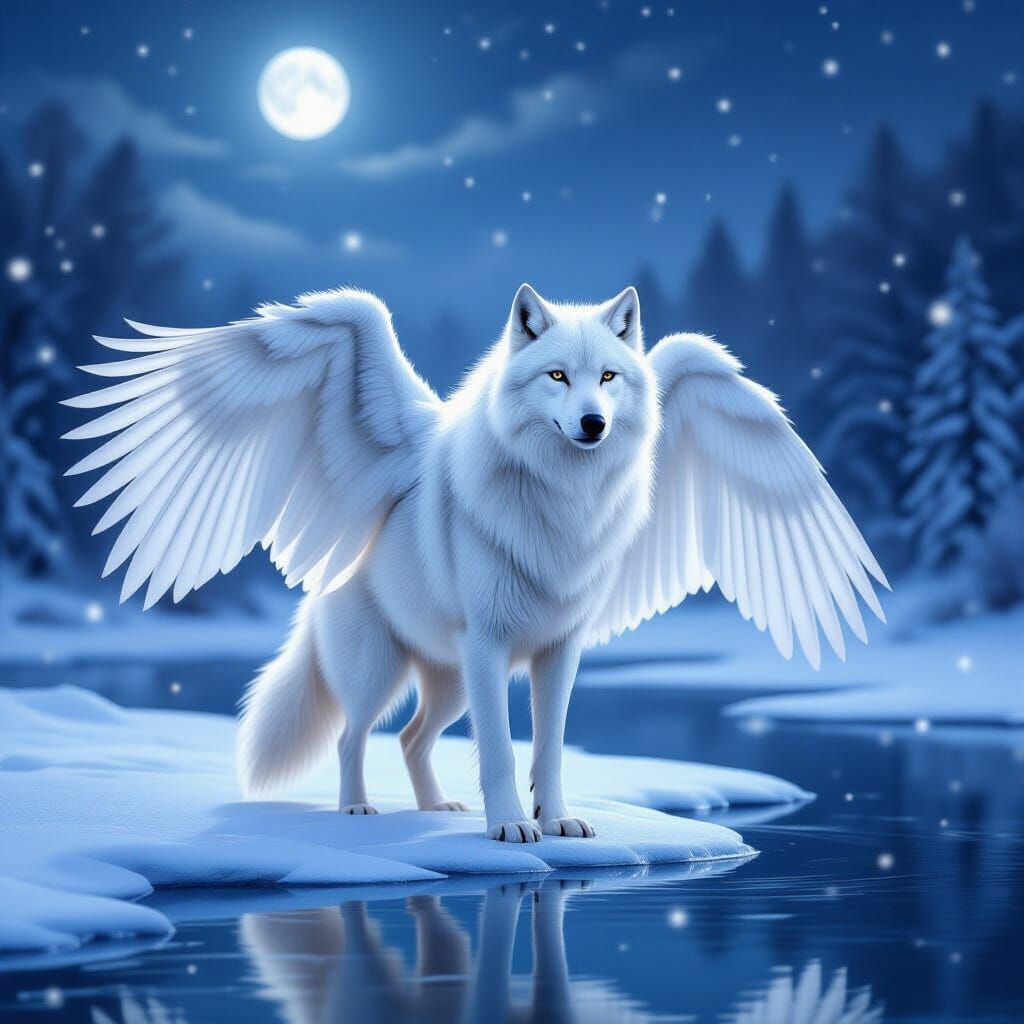 Snow Wolf Swan Guardian Beside Frozen Lake