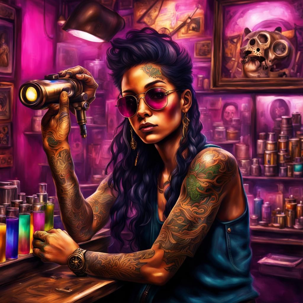 Caribbean Tattoo Shop Girl with Telescope Lens