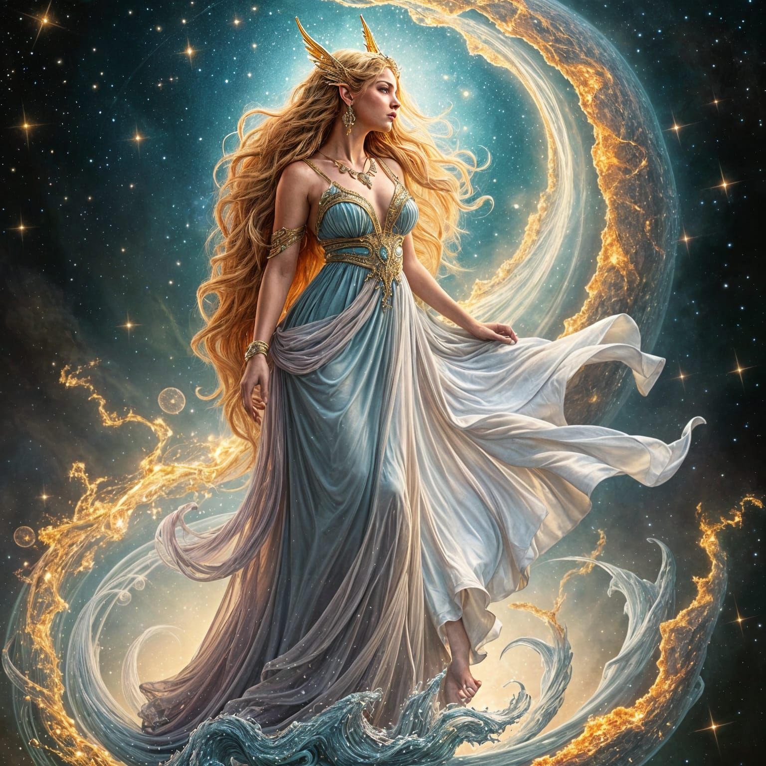 Elven Goddess on Cosmic Vortex, Alphonse Mucha Style