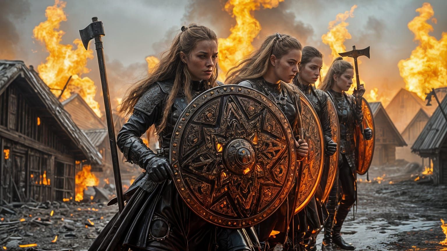 Viking Women Warriors in Shimmering Black and Red Latex Armo...