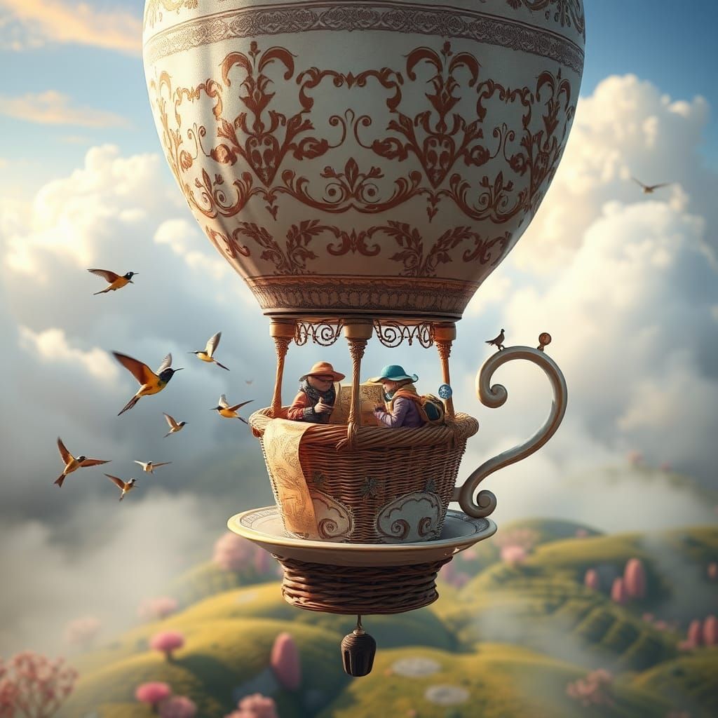 Teacup Hot Air Balloon Soaring Over Whimsical Landscape