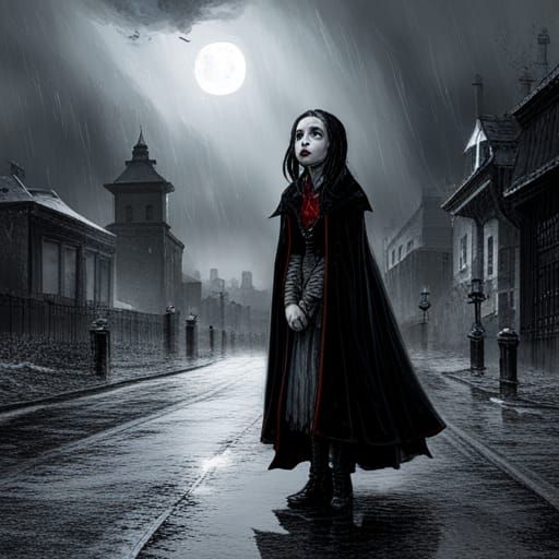 Sweet Goth Vampire Girl in Rain, Horror Art
