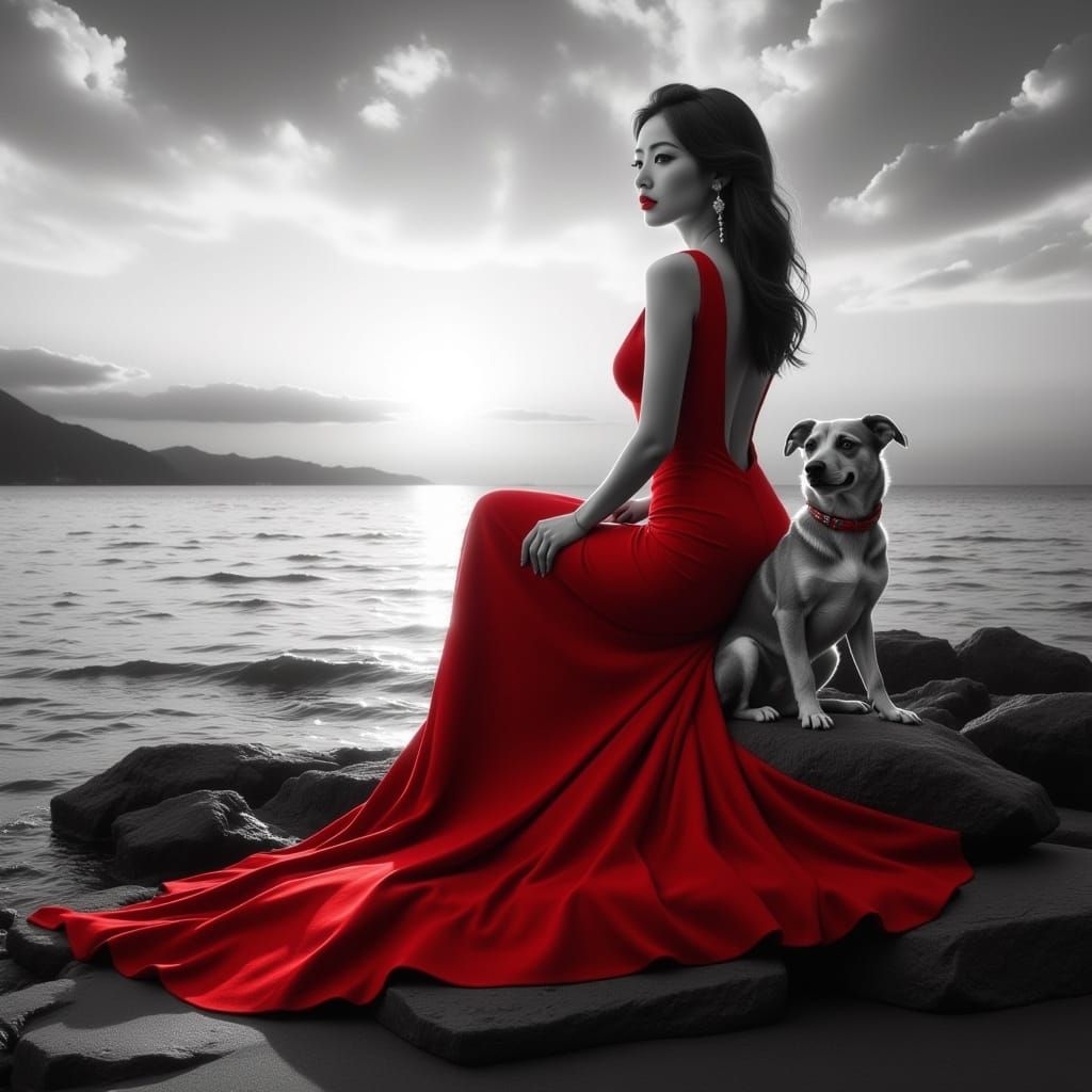 Sunset Beach Scene with Woman in Red Dress