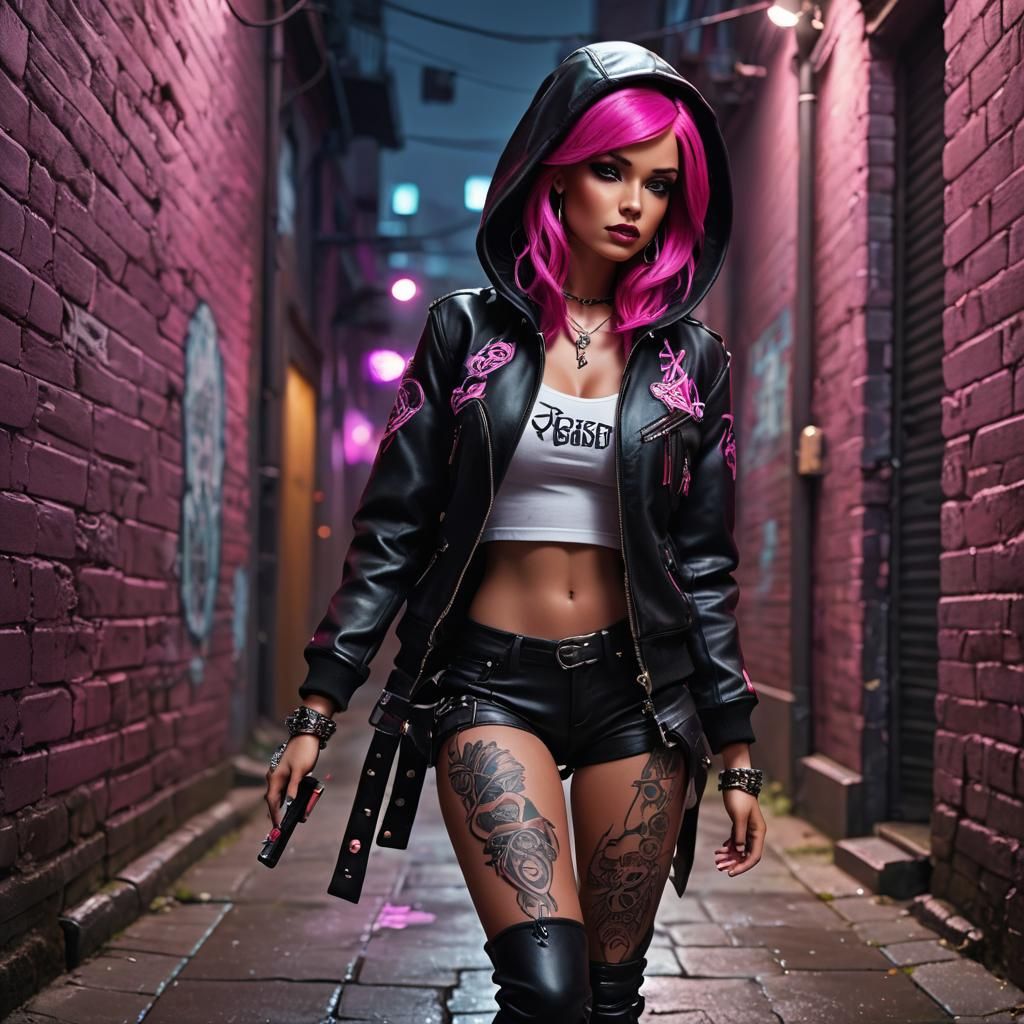 Magenta-Haired Hood Barbie Doll in Dark Alleyway
